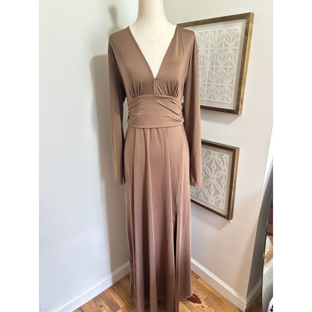Arabess XL Brown Maxi‎ Dress Long Sleeve Ruched Waist Slit Minimalist Quiet Lux